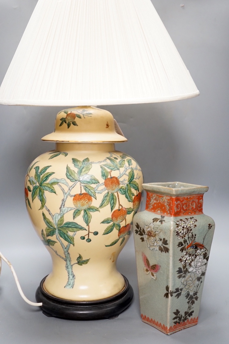 A Chinese porcelain lamp and a Japanese square baluster vase, 25.5cm